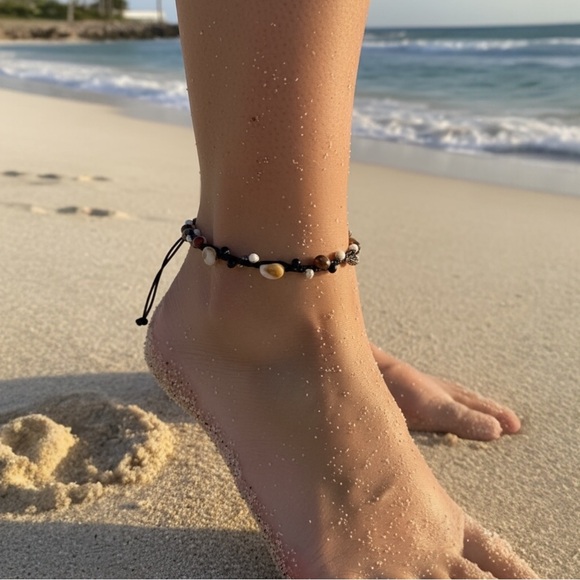 Mini Sea Shell Macrame Anklet –  Black Adjustable Beach Boho Jewelry - Picture 8 of 9